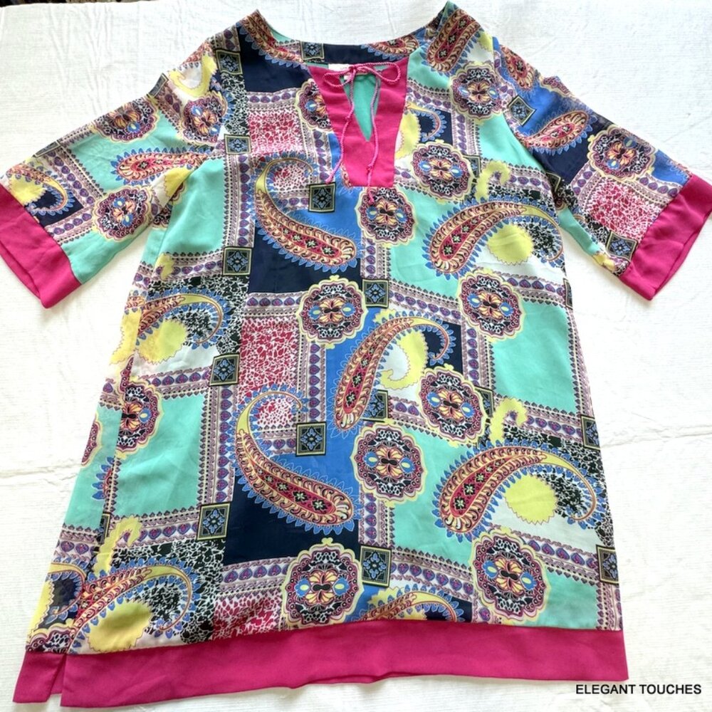 UMGEE Paisley Tunic Dress L Womens Boho Shift Colorful Knit Lined Flared Sleeve